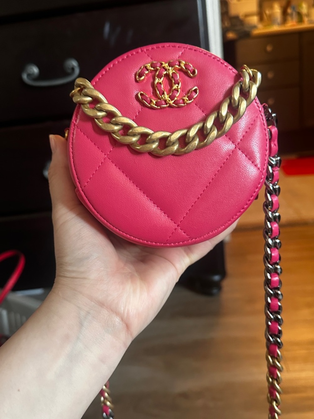 CHANEL Hot Pink Quilted Round Mini Crossbody with Gold Chain - Picture 13 of 16